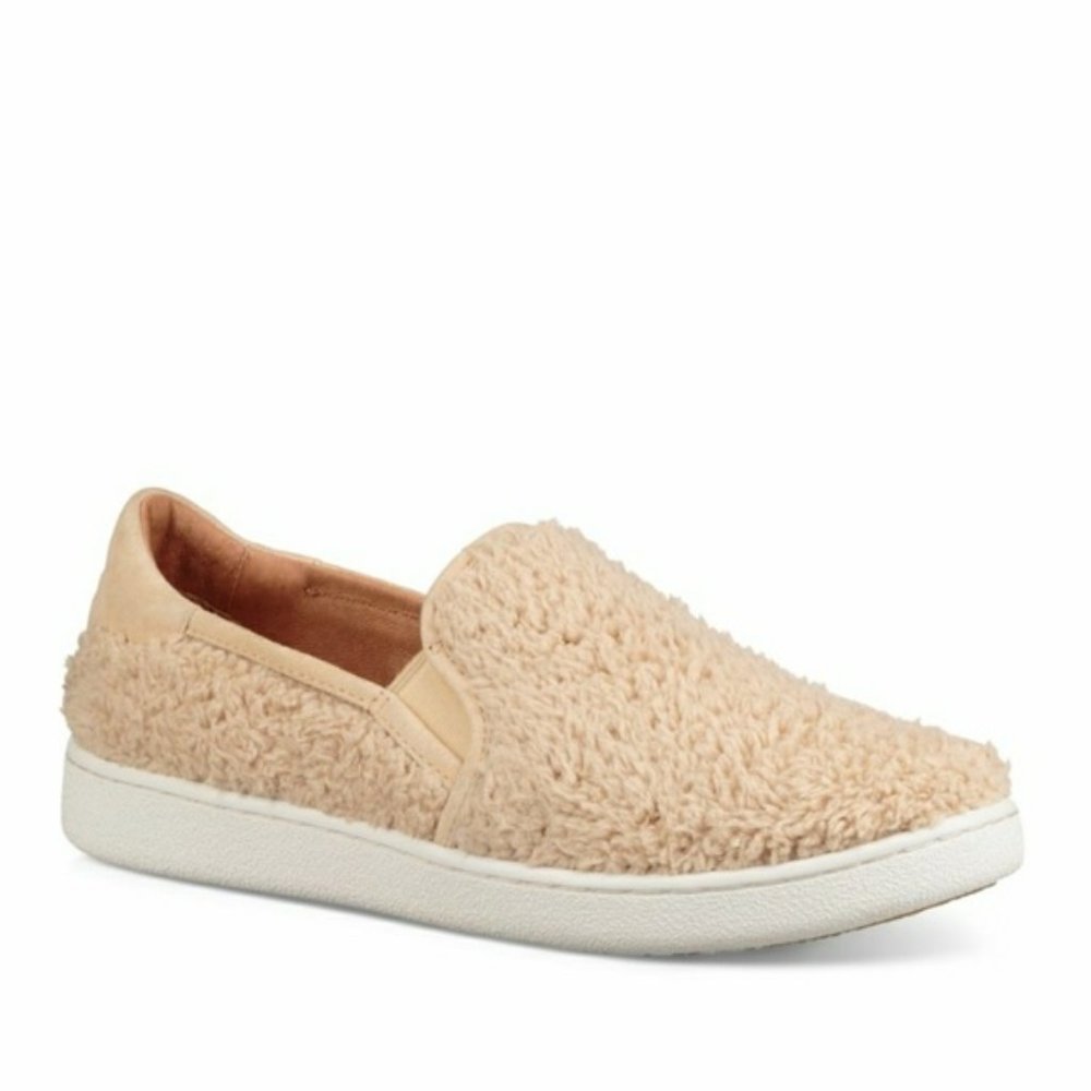UGG Ricci Leather Faux-Fur Slip-on Sneakers, Size 8.5, Color: Natural